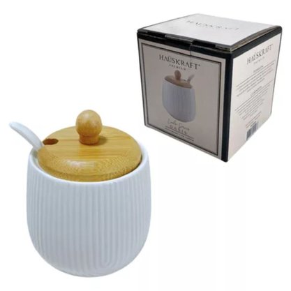 Açucareiro Com Colher De Cerâmica E Tampa de Bambu 360ml Oasis Etilux