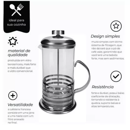 Cafeteira Francesa Vidro e Metal 350 ml