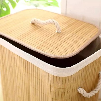 Cesto Roupa Suja De Bambu E Forrado Organizador Multiuso