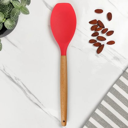 Colher Servir Silicone Cabo De Madeira 32cm Vermelho