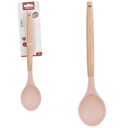 Colher Silicone Cabo Madeira 31cm Rosa/Nude