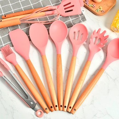Colher Silicone Cabo Madeira 31cm Rosa/Nude