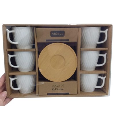 Conjunto 6 Xícaras 90ml Com Pires Cerâmica e Bambu Havana Marti Cor Branco Wellmix