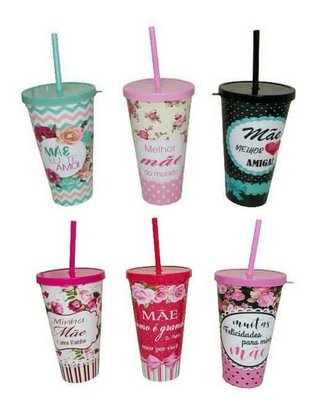 Copo Plástico Com Canudo 600ml Mãe Sortido