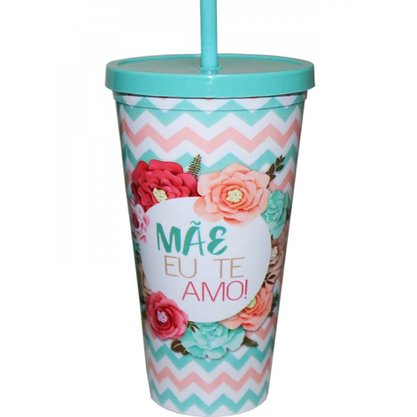 Copo Plástico Com Canudo 600ml Mãe Sortido