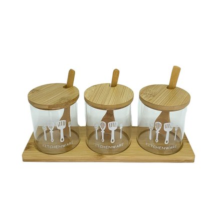 Kit 3 Potes Acrílico Com Tampa E Colher Bambu
