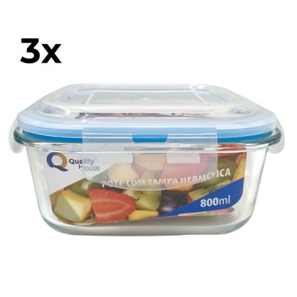 Kit 3 Potes Herméticos Vidro Quadrado 800ml Quality
