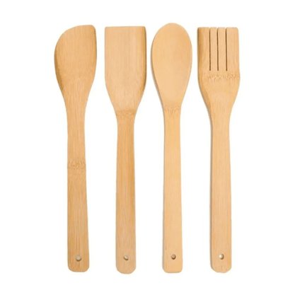 Kit 4 Utensilios De Bambu Com Suporte