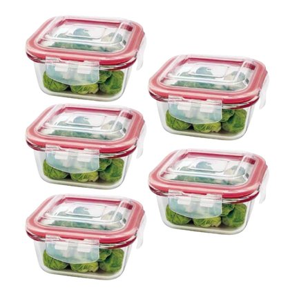 Kit 5 Potes De Vidro Hermético Quadrado 320ml Mek