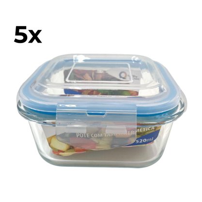 Kit 5 Potes Herméticos Vidro Quadrado 520ml Quality
