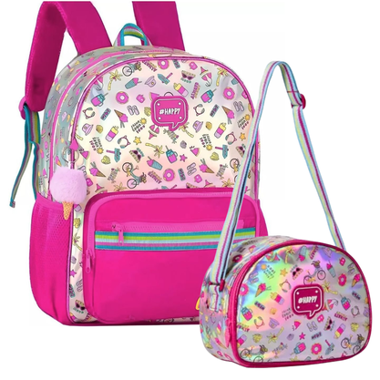 Kit Mochila Costas Com Lancheira Holográfico Happy Sorvetes