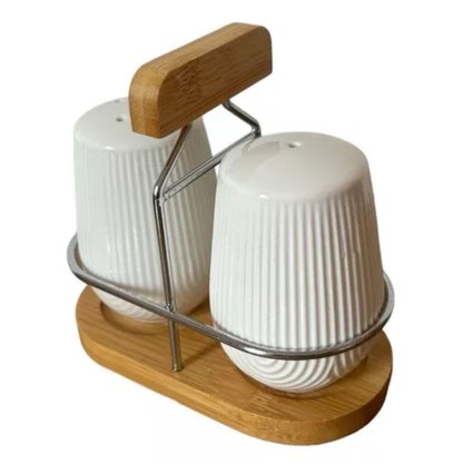 Saleiro E Pimenteiro Com Suporte Cerâmica 90ml 3 Peças Oasis Etilux