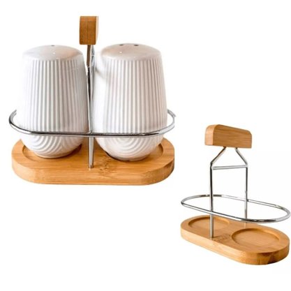 Saleiro E Pimenteiro Com Suporte Cerâmica 90ml 3 Peças Oasis Etilux