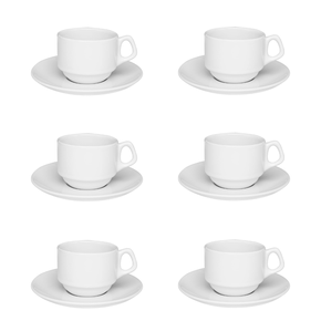 Conjunto Xícara De Chá 220ml Com Pires Empilhável Branco 12 Peças Oxford