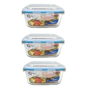 Kit 3 Potes Herméticos Vidro Quadrado 800ml Quality
