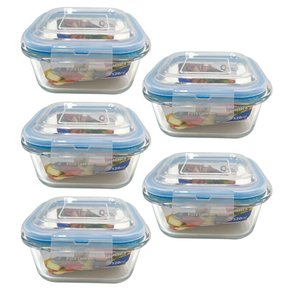 Kit 5 Potes Herméticos Vidro Quadrado 520ml Quality