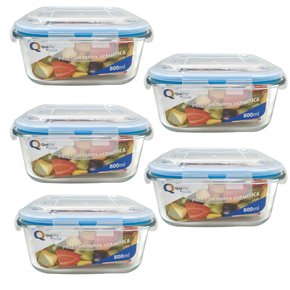 Kit 5 Potes Herméticos Vidro Quadrado 800ml Quality