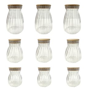 Kit 9 Potes Herméticos Com Frisos E Tampa De Bambu