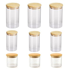 Kit 9 Potes Herméticos De Vidro Com Tampa De Bambu