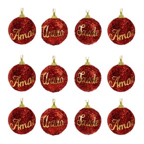 Kit 12 Bolas De Natal Com Frase E Glitter 10cm
