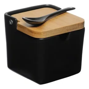 Saleiro Cerâmica Com Tampa Bambu Havana Cuba Preta 300 ML