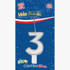 Vela Glitter Número 3 Prata