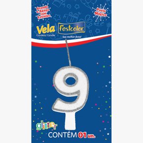 Vela Glitter Número 9 Prata