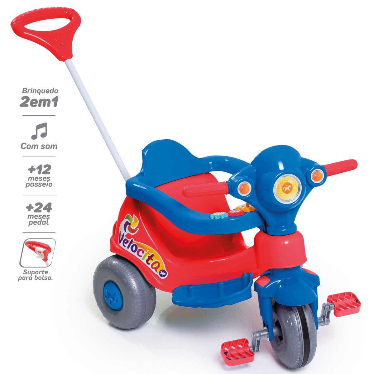 Triciclo Infantil Com Empurrador Pedal Cesta Azul Motoca
